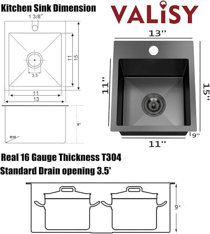 13x15 Inch Black Bar Sink Drop In Kitchen Sink, Topmount Stainless Steel Square Small Workstation Sinks, Single Bowl Kitchen Sinks for Laundry Wet Bar Prep RV Office Outdoor Yard,VALISY JB029B