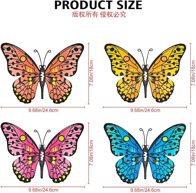 Metal Butterfly Wall Decor - 9.6" Outdoor Fence Wall Art Decor, Hanging Decoration for Garden Yard Living Room Bedroom Patio Balcony(4 Pack)