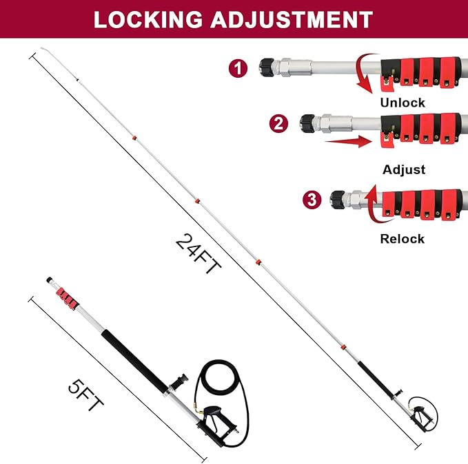 24 FT Telescoping Pressure Washer Wand with Pressure Washer Extension Wand,Brush Head,Gutter Cleaner Attachment and Support Belt,Pressure Washer Extension Pole for Wall Roof Gutter
