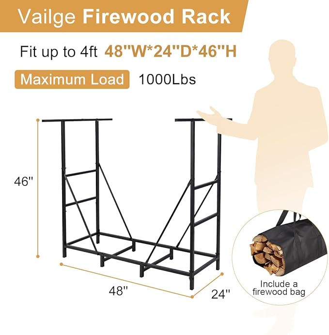 Vailge Firewood Rack Outdoor 4FT with Waterproof Firewood Carrier Bag, Adjustable Heavy Duty Steel Firewood Holder Storage, Log Rack for Fireplace, Fire Pit, Backyard, Camping