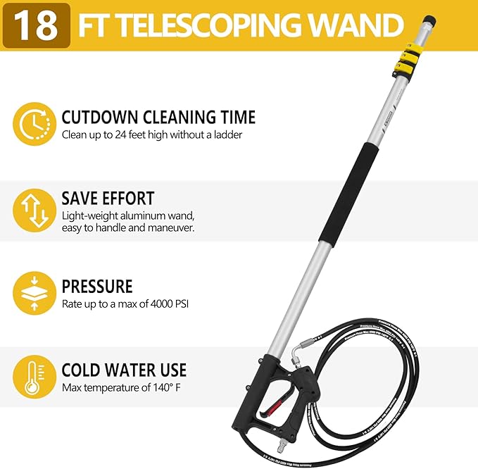 18 FT Telescoping Pressure Washer Wand with Power Washer Extension Wand, Gutter Cleaner Attachment, 5 Spray Nozzle Tips and 2 Hose Inlet Adapters