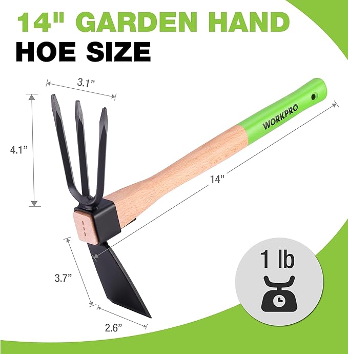 WORKPRO Hoe and Cultivator Garden Rake with 14" Wooden Handle, Sharp Hoe Blade & Sturdy 3 Claw Tiller, 2-in-1 Heavy Duty Gardening Hand Tools for Digging, Loosening Soil, Weeding, Cultivating