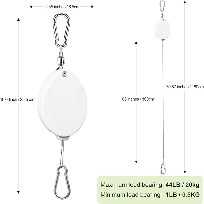 2Pcs Upgraded Heavy Duty Retractable Plant Hanger,Plant Pulleys for Hanging Plants,Easy to Raise and Lower,Auto Lock,Adjustable Hook for Garden Baskets Pots,Birds Feeder and Wind Chime,White