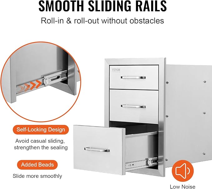 VEVOR 18x23 Inch Outdoor Kitchen Stainless Steel Triple Access BBQ Drawers with Chrome Handle, 18 x 23 x 23 Inch