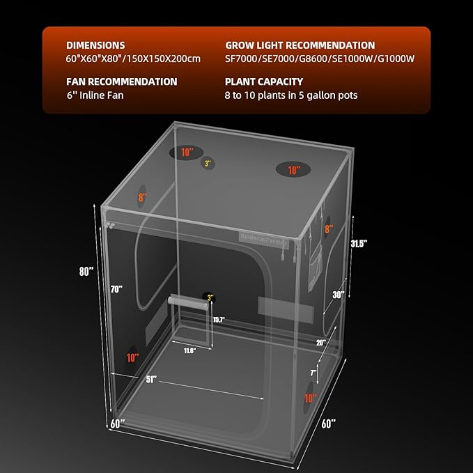 Spider Farmer 5x5 Grow Tent 2025 New, 60"x60"x80",1680D Thicken Mylar Canvas, with Hook for Controller and Power Strip, Enlarged View Window for Indoor Hydroponic Growing for SF7000, SE7000, G7000