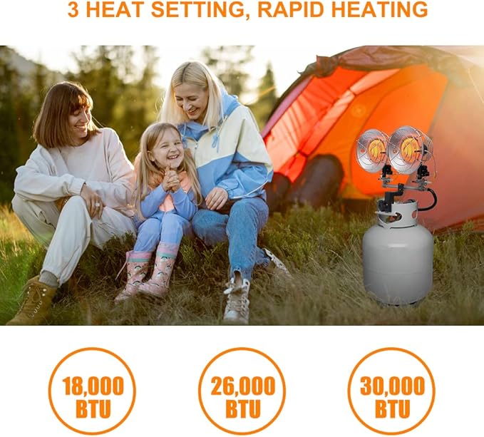 Propane Tank Top Heater, CAMPLUX Outdoor Tanktop Heater with Tip-Over Switch for Garage, Camping, Hunting, Double Burner Heavy Duty Steel 30,000 BTU