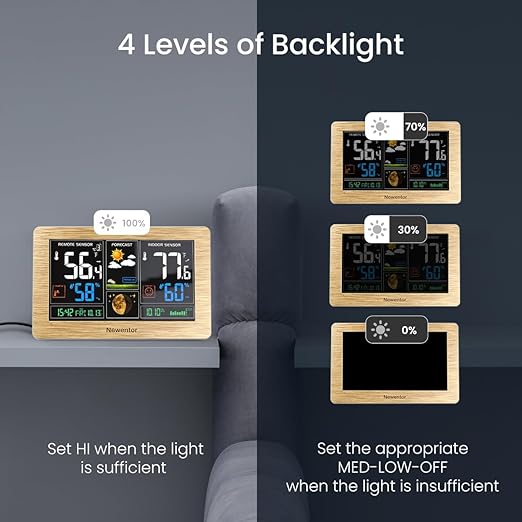 Newentor Weather Station Wireless Indoor Outdoor Thermometer, Color Display Digital Weather Thermometer with Atomic Clock, Barometric Pressure, Forecast Station with Adjustable Backlight, Wood