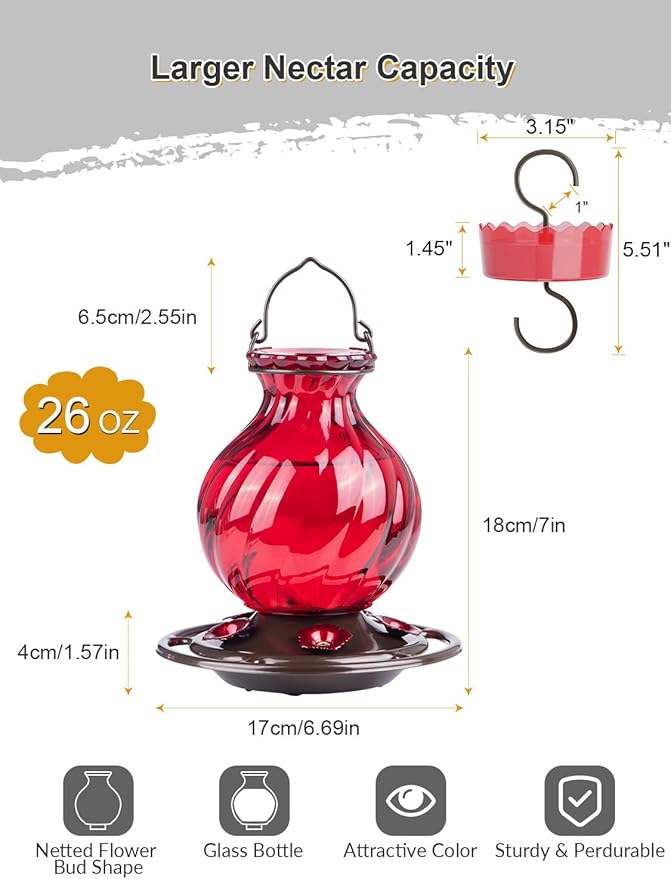 Hummingbird Feeder, Auslar 26 Ounces Glass Hummingbird Feeders for Outdoors Hanging Ant and Bee Proof, Ant Moat & 5 Flower Feeding Ports, Rustproof, Leakproof, Netted Flower Bud Shape Bottle, Red
