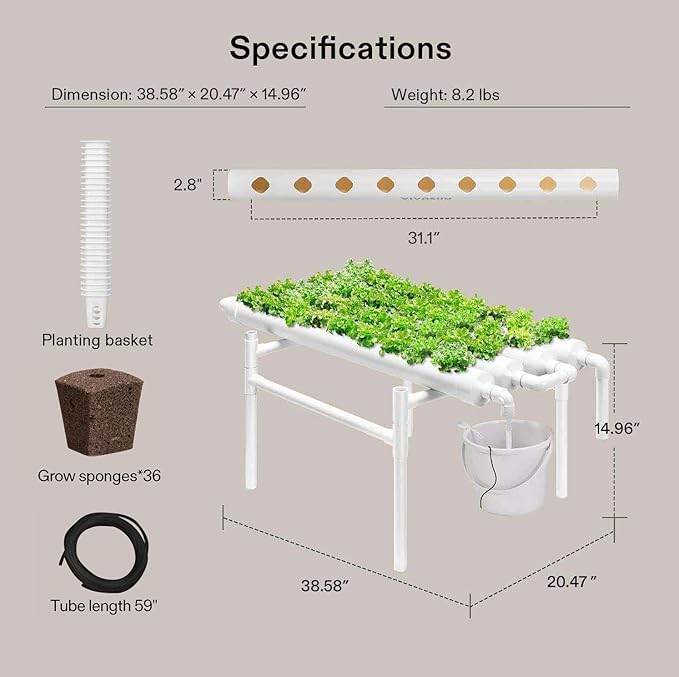 VIVOSUN Hydroponic Grow Kit, 1 Layer 36 Plant Sites 4 Food-Grade PVC-U Pipes Hydroponics Planting System with Water Pump, Pump Timer, Nest Basket and Sponge for Leafy Vegetables