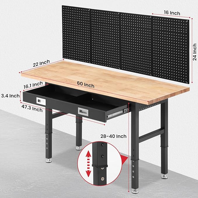 Work Bench for Garage with Drawers 60 x 22 Inch Heavy Duty Rubberwood Tabletop Work Table with Pegboard, Power Outlets Adjustable Workbench for Woodworking Shop, Home, Office, Electronic