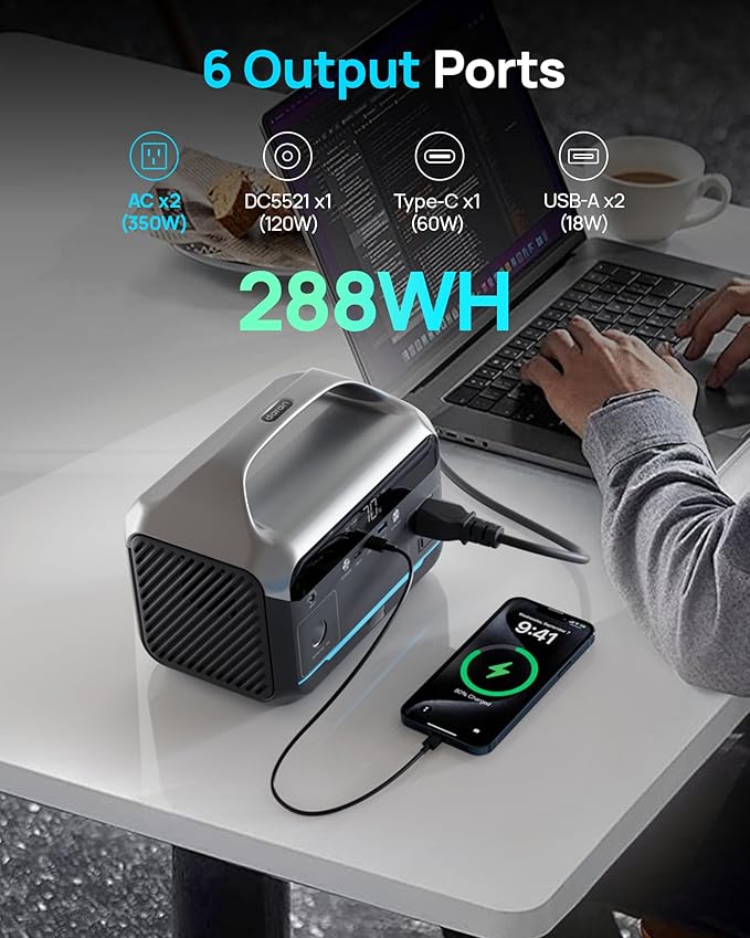 Portable Power Station, 288Wh (90,000mAh) LiFePO4 Battery, 350W (600W Peak) Power Bank with AC Outlet, 8.2LB Fast Charing Mini Solar Generator for Outdoor Camping and Emergency (Solar Optional)