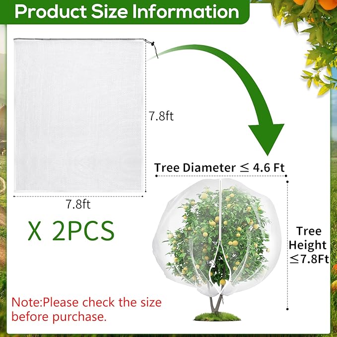 2PCS 7.8 x 7.8ft Large Fruits Tree Netting Cover with Zipper and Drawstring,Garden Insect Netting Plant Cover Transparent Bird Plant Barrier Flower Fruits Mesh Screen for Preventing Deer Squirrel Bug