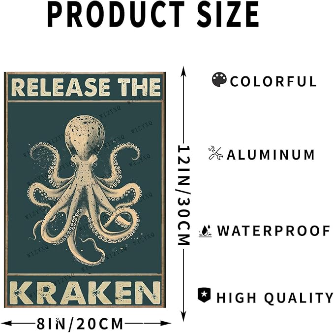Metal Signs Release The Kraken Vintage Octopus Tin Sign for Home Office Kitchen Bar Cafe Garden Wall Decor 12x8 Inch
