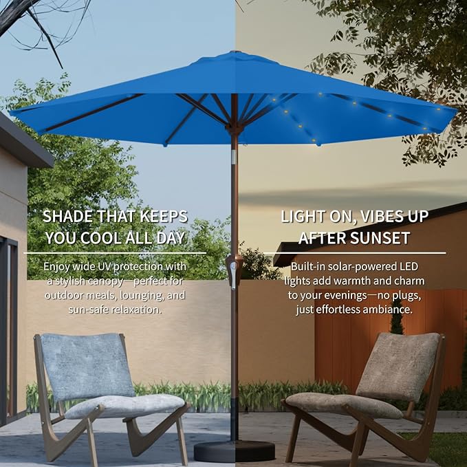10FT Solar Umbrella 32 LED Lighted Patio Umbrella Table Market Umbrella w/Tilt and Crank, UV-Resistant Outdoor Umbrella for Pool, Garden, Deck, Royal Blue