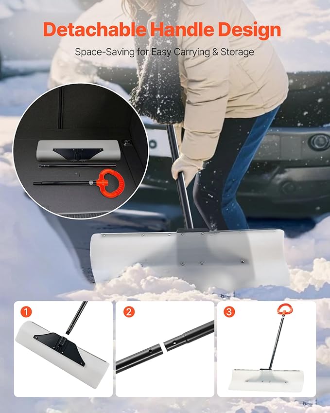 VEVOR Snow Pusher, 30 inch Wide Push Snow Shovel Plow for Driveway, Sidewalks and Doorways with Segmented Handle, Ergonomic Grip and HDPE Plastic Blade