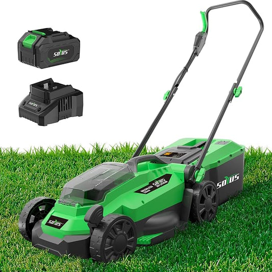 SOYUS Electric Lawn Mower Cordless, 13 Inch 20V Lawn Mowers with Brushless Motor, 2-in-1 Lawn Mower, 5-Position Height Adjustment, 4.0Ah Battery & Charger Included