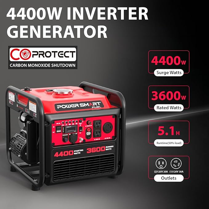 PowerSmart 4400-Watt Portable Inverter Generator, Gas Powered, CO-Sensor, Lightweight & Quiet for Home Use and Emergency Backup, Camping, EPA Compliant