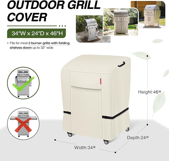 Porch Shield 34W x 24D x 46H inch Premium Gas Grill Cover Up to 32 inch, Waterproof and Fade Resistant 600D BBQ Covers for Weber, Brinkmann, Char-Broil and More, Light Tan