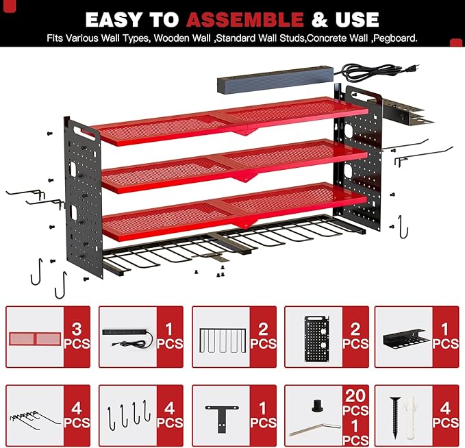 Power Tool Organizer Wall Mount with Charging Station,Cordless Tool Organizer 8 Drill Holder, 4 Layer Storage Rack for Garage Organization,Tool Holder with 8 Outlet Power Strip (Red)