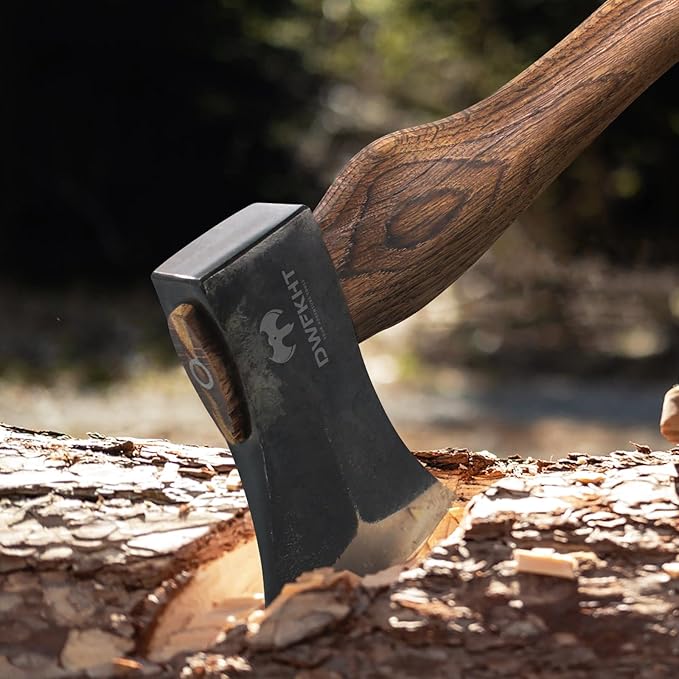 15.3" Hatchet, Splitting Axe with 1065 High Carbon Steel, Camping Hatchet with Beech Wooden Handle and Leather Sheath, Chopping Axe for Wood Splitting and Kindling