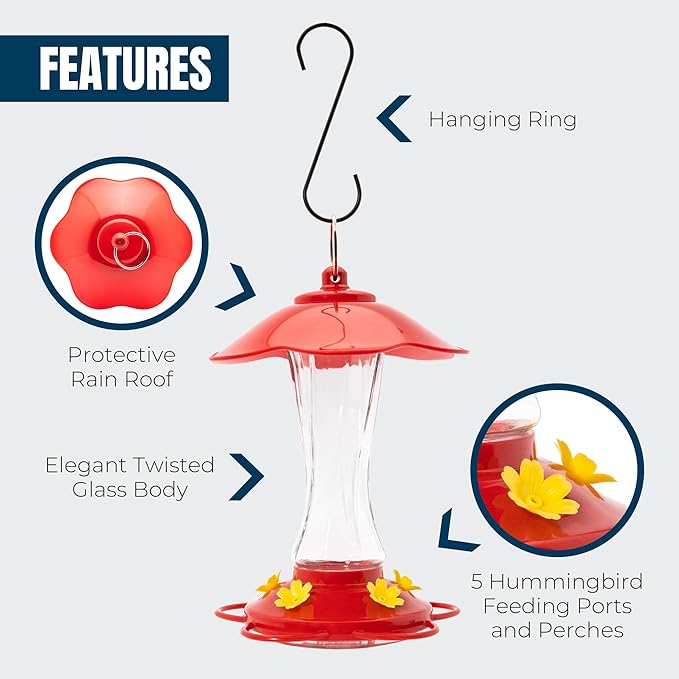 MEKKAPRO Hummingbird Feeders for Outdoors Glass - Red Hummingbird Feeders for Outdoors, Metal Ring, Bee-Proof Design, Easy Assembly, Red Hummingbird Feeder 10 oz (2-Pack)