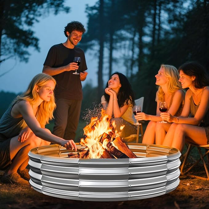 Metal Fire Pit Ring/Bonfire Fire Ring- 5 FT Diameter, 0.8 MM Thick,1 ft High, Durable and Stylish for Outdoor Fire Pits,Patios and Camping (Silver, 5X5X1 ft)