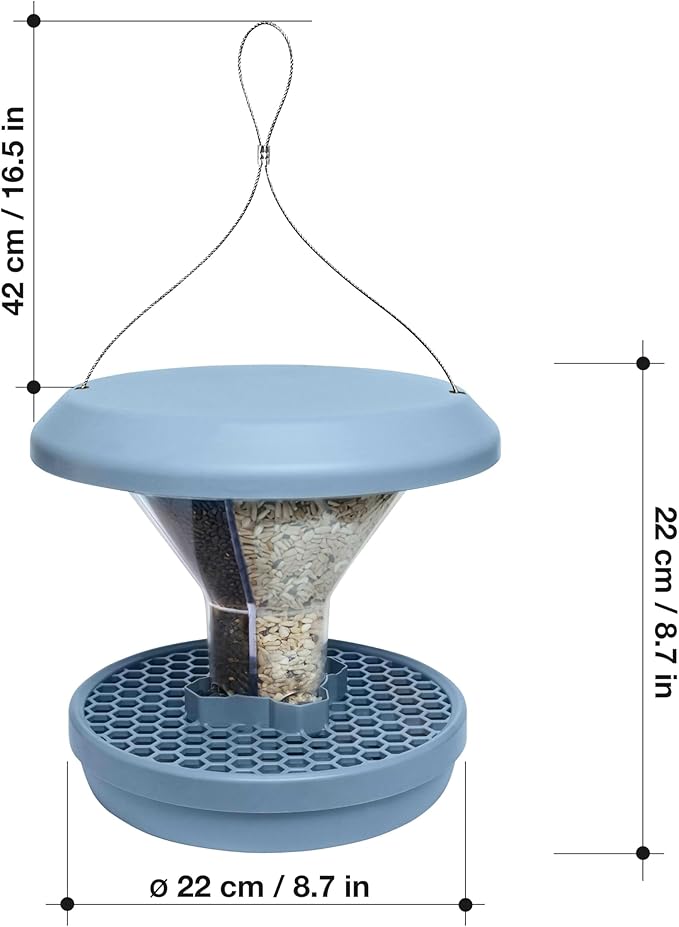 SWISSINNO No Mess Bird Feeder Davos Smart Birds - No Spill Bird Feeder for Outdoor - Mice & Rat Proof - Robust & Reliable for Hanging - Dual Food Chambers - Made in EU - Light Blue