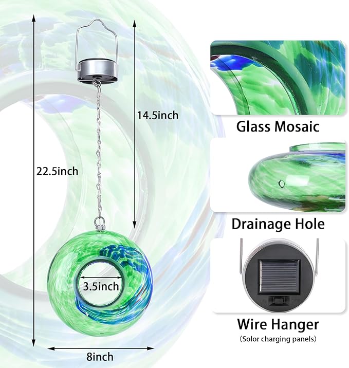 Yinns Glass Bird Feeders, Hanging Fly Through Birds Feeder for Outsiade, Solar Birdfeeder for Garden Decor Bird Lvoers Gifts, 8-Inch（Green）