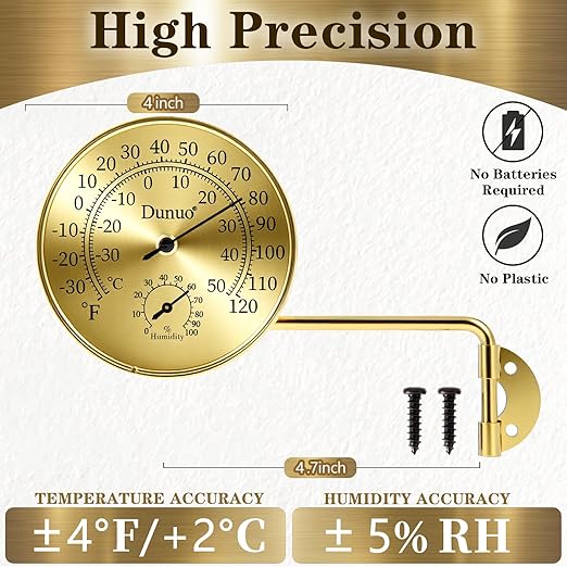 Outdoor Thermometer - Weatherproof & Decorative Outside Temperature Gauge for Window, Greenhouse Accessories and Patio (Easy-Read Brass Swivel Design) (4inch Golden case+ Golden Color)