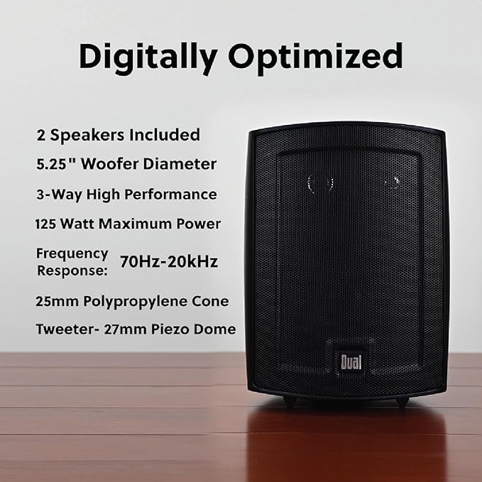 Dual Electronics LU53PB 5.25" 3-Way High Performance Outdoor Indoor Wired Speakers | Effortless Set Up | Home, Pool, Patio, Garage Use | Weather Resistant | Expansive Stereo Sound Coverage | Black
