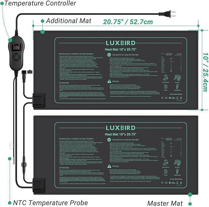 LUXBIRD 4 Pack Seedling Heat Mats with Digital Thermostat Controller, 10" x 20.75" Waterproof for Seed Starting, Germination, Hydroponics, Brewing, Breeding, Greenhouses (LB-HT04)