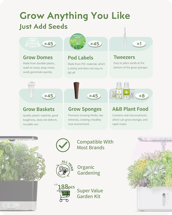 188Pcs Hydroponic Pods Supplies: Grow Anything Kit with 45 Grow Sponges, 45 Grow Baskets, 45 Grow Domes, 45 Pod Labels, 8 A&B Plant Food - Compatible Hydroponics Growing System Most Brands