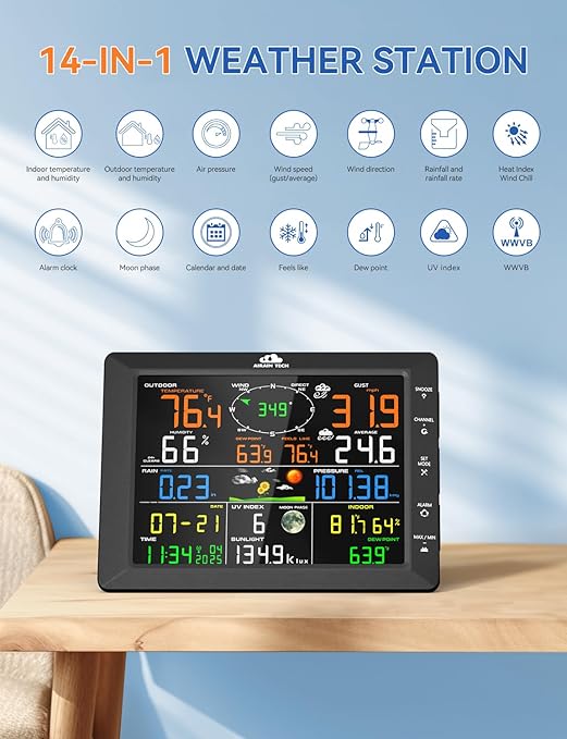 14-in-1 Wireless Weather Station with Outdoor Wireless Sensor,Radio-Controlled Clock,Rain Gauge,Wind Speed/Direction,Moon Phase,Wind Chill Index,Outdoor Dew Point,Barometer(NO WiFi)