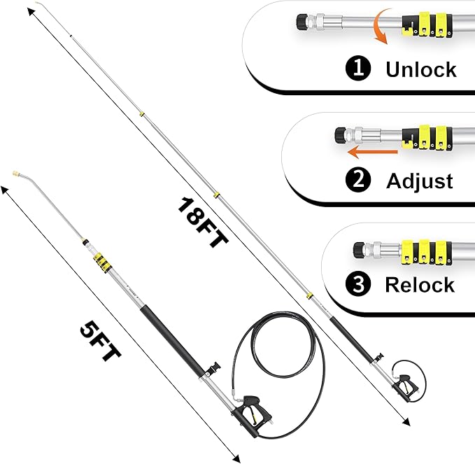 18FT Telescoping Pressure Washer Wand, Pressure Washer Extension Wands, Power Washer Gutter Cleaner with 5 Spray Nozzle Tips, 2 Hose Adapters