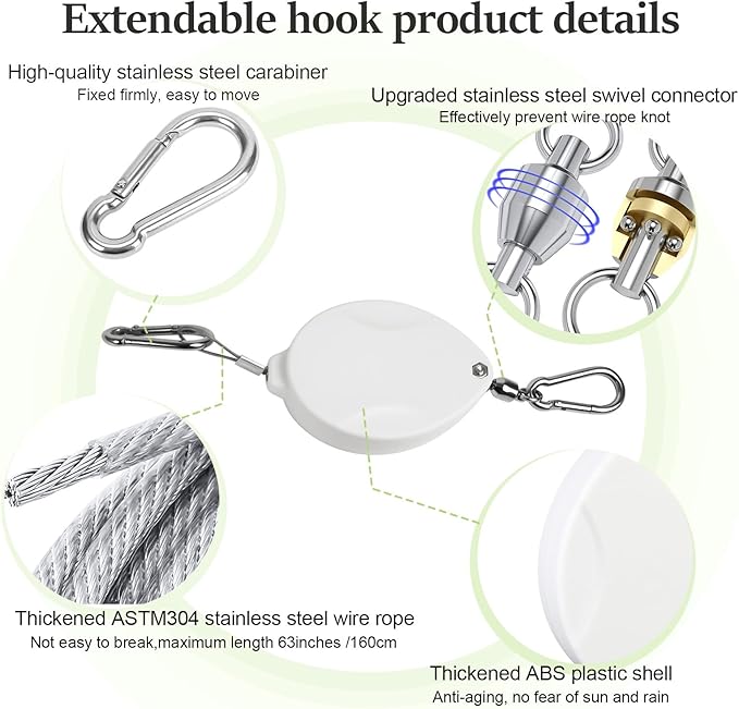 2Pcs Upgraded Heavy Duty Retractable Plant Hanger,Plant Pulleys for Hanging Plants,Easy to Raise and Lower,Auto Lock,Adjustable Hook for Garden Baskets Pots,Birds Feeder and Wind Chime,White