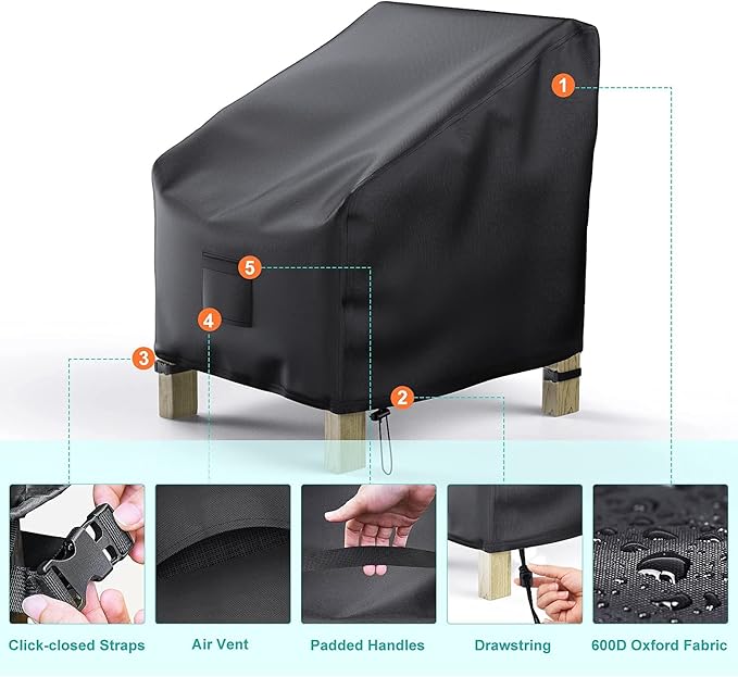Patio Chair Covers for Outdoor Furniture Waterproof 2 Pack, Lawn Chair Covers 600D Heavy Duty Oxford Cloth, Large Covers for Lounge Lawn Deep Seat Black 37"W×40"D×30"H