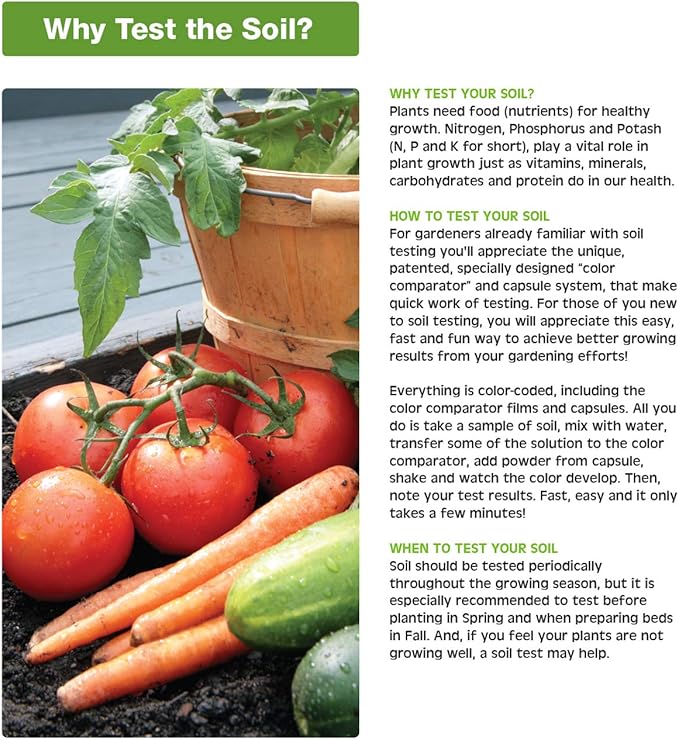 Rapitest Soil Test Kit for Gardens, Vegetables, Flowers and Lawns. USA designed and assembled soil tester completely, quickly and accurately measures/analyzes soil pH acidity and garden nutrients.