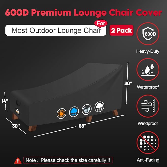 Outdoor Lounge Chair Cover 2 Pack - Waterproof Patio Chaise Lounge Chair Cover, 600D Heavy Duty Outdoor Seating Covers For Pool Lounge Chair, Lawn Bench Furniture 68 x 30 x 30 Inch