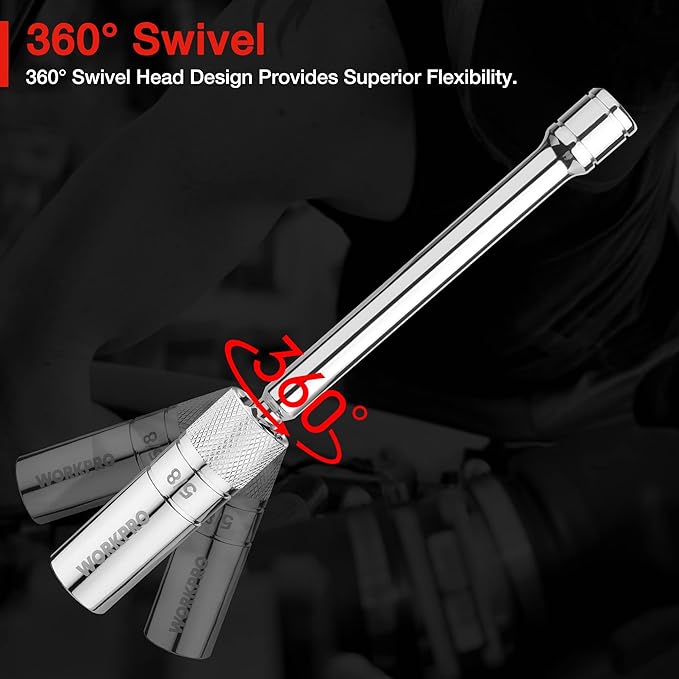 WORKPRO 5/8" Magnetic Spark Plug Socket with Magnetic Design, Swivel Thin Wall Spark Plug Socket, 3/8" Drive x 8" Total Length, 360 Degree Swivel, 12 Point