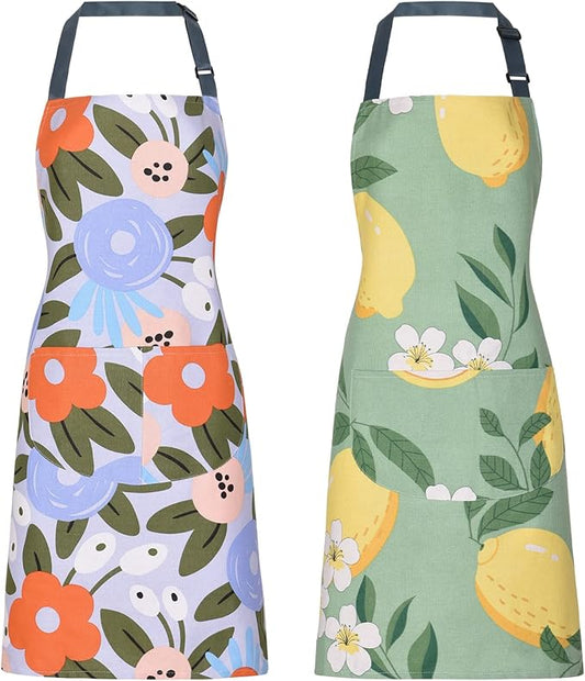2 Pack Floral Apron for Women with Pockets, Adjustable Cotton Chef Aprons for Kitchen, Cooking, BBQ & Grill