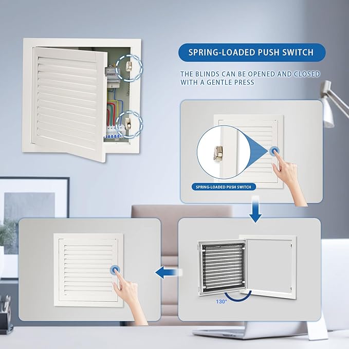 13.5 x 13.5 inch - Access Doors - Access Panel for Drywall with Push-Button Switch - Access Panel with Vent - Aluminum Alloy - White - Good Ventilation - Inside Dimensions: 12 x 12 inch