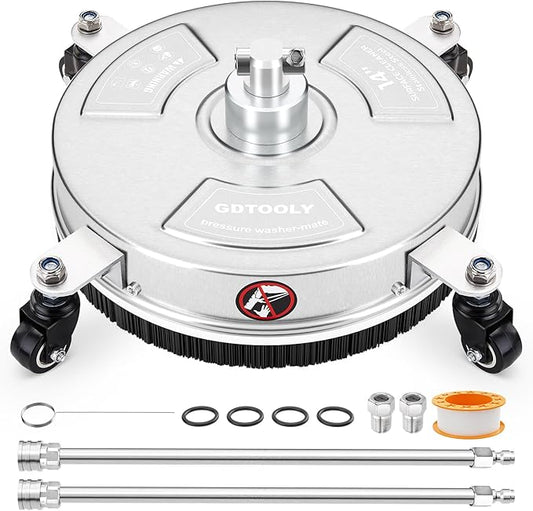14" Pressure Washer Surface Cleaner, Stainless Steel Power Pressure Washer Attachment for Concrete, Patio, Driveway, Deck Cleaning, 2 Extension Wand Accessories, 1/4" Quick Connect, 4000 PSI
