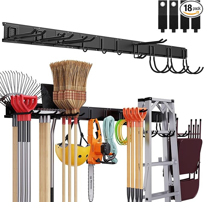 Tool Storage Rack Wall Mount, 64 Inch Adjustable Garden Tool Organizer, Heavy Duty Garage Wall Organizer Rack, Yard Tool Organizer System for Rake Shovel Broom Mop Wall Holder