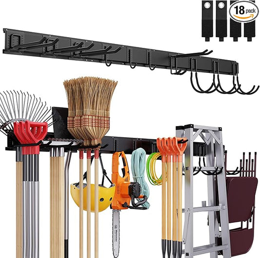 Tool Storage Rack Wall Mount, 64 Inch Adjustable Garden Tool Organizer, Heavy Duty Garage Wall Organizer Rack, Yard Tool Organizer System for Rake Shovel Broom Mop Wall Holder