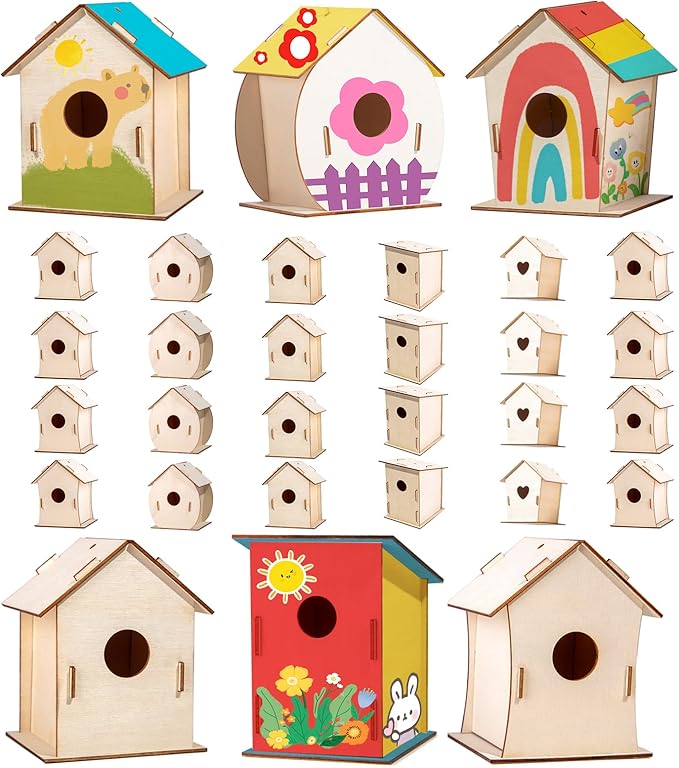 24 Sets DIY Wood Birdhouse Bulk for Kids Parties and Classrooms, Art Painting Bird House Craft Kit Unfinished Wood Bird Houses to Paint for Kids 3+ Spring Summer Arts and Craft Projects