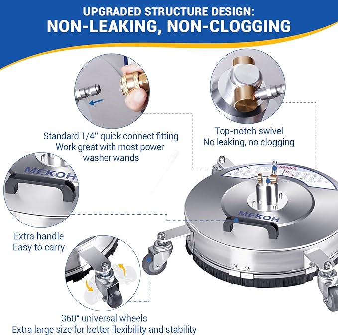 MEKOH 18" Pressure Washer Surface Cleaner 4500 PSI，4 Wheels Stainless Steel Power Washer Attachment for Driveway Sidewalk Patio Concrete Cleaning, 1/4'' Quick-Connect, 1 Extension Wand&5 Spray Nozzles