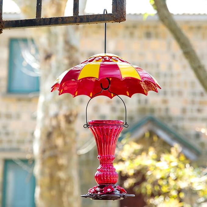 Bird Feeder Baffle 14" with Ant Moat, Beserie Large Bird Feeder Rain Guard Cover with Ant Guard & Shepherd Hooks, Attract Hummingbirds & Anti Squirrel/Sun/Rain/Snow/Ants (Red-Yellow, 14 inches, 35cm)