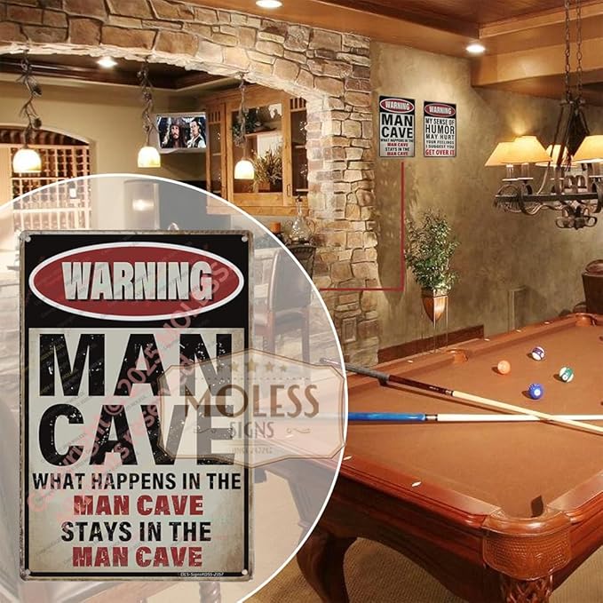 'What Happens Here, Stays Here!' Funny Man Cave Decor for Men | 12x8″ Durable Vintage Metal Man Cave Signs Wall Decorations for Basement/Garage/Mancave, 2357