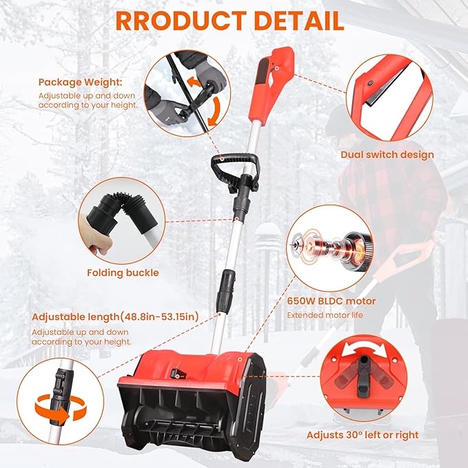 13" Cordless Snow Shovel, 2X 48V 600W Motor 4-Ah Battery Powered Snow Blower 8" Depth Electric Snow Shovel with Directional Plate Adjustable Front Handle (4-Ah Battery & Quick Charger Included) Red
