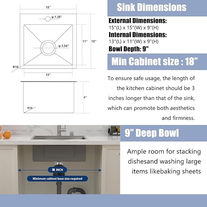 15x15 Inch Bar Sink Drop In, Topmount Kitchen Sink Stainless Steel Square Small Sinks, Single Bowl Kitchen Sinks for Laundry Wet Bar Prep RV Office Outdoor Yard